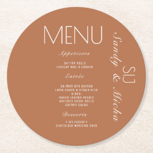 Simple Script Wedding Dinner Menu Terracotta Round Paper Coaster
