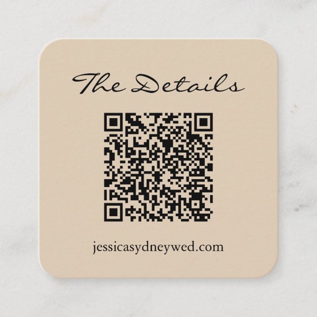 Simple Script Wedding RSVP Details QR Code Beige Enclosure Card (Front)