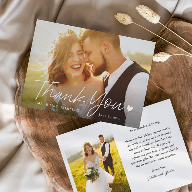 Simple Script with Heart Photo Wedding Thank You Card (Simple script with heart wedding 2 photo thank you cards.)