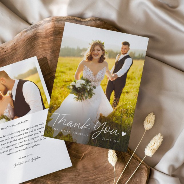 Simple Script with Heart Photo Wedding Thank You Card (Simple script with heart budget wedding photo thank you cards.)