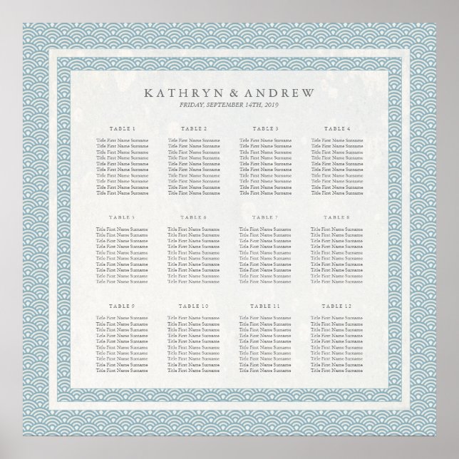 Simple Sea Blue and White Seigaiha Seating Chart (Front)