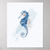 Simple Seahorse Blue & Gold Watercolor Aquatic