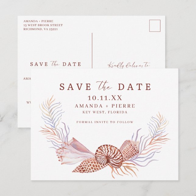 Simple Seashell Beach Wedding Save the Date Announcement Postcard (Front/Back)