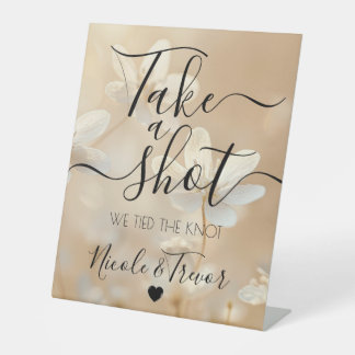 Simple Sepia White Flowers Calligraphy Take a Shot Pedestal Sign