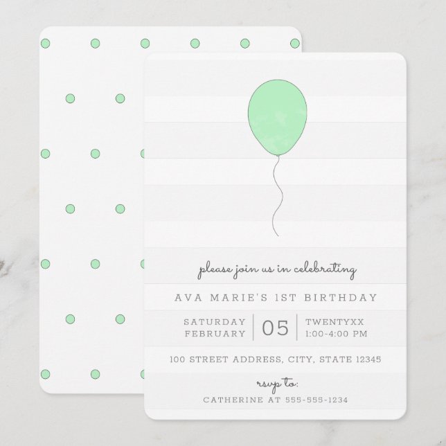 Simple Shabby Chic Green and Grey Balloon Birthday Invitation (Front/Back)