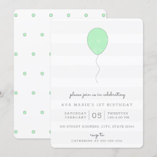 Simple Shabby Chic Green and Grey Balloon Birthday Invitation