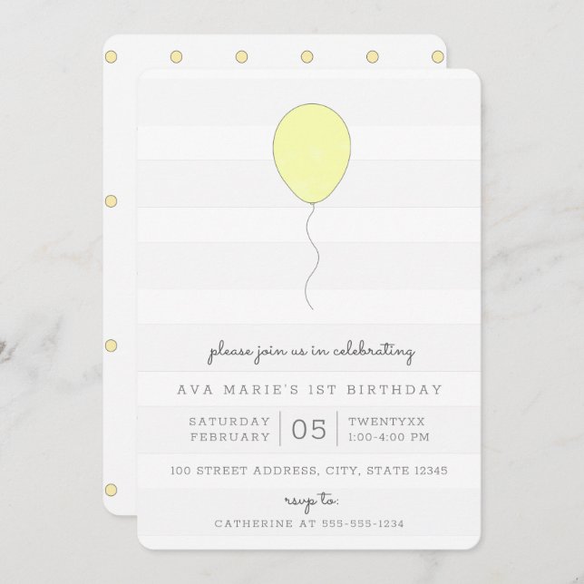 Simple Shabby Chic Yellow Balloon Birthday Invitation (Front/Back)