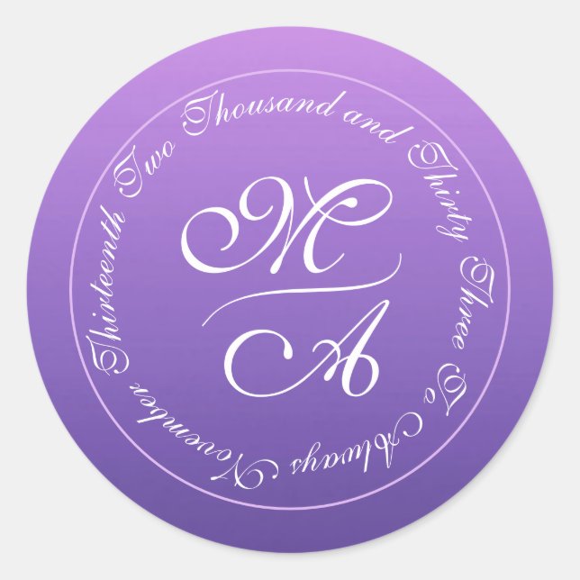 Simple Shades of Purple Monogram Wedding Date Classic Round Sticker (Front)