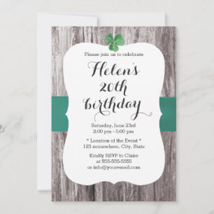 Simple Shamrock Teal Ribbon Wood Birthday Party Invitation