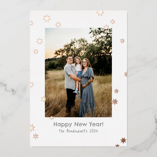 Simple Shiny Stars One Photo Happy New Year Foil Holiday Card (Front)