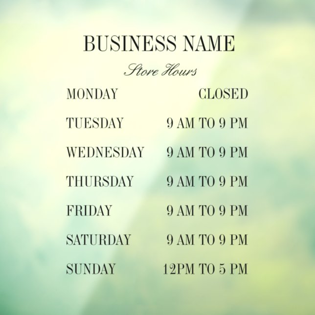Simple Shop Hours Window Decal Clings (Sheet 3)