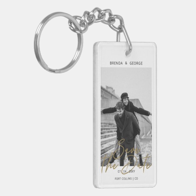Simple Signature Minimalist Photo Save the Date Keychain (Front Left)