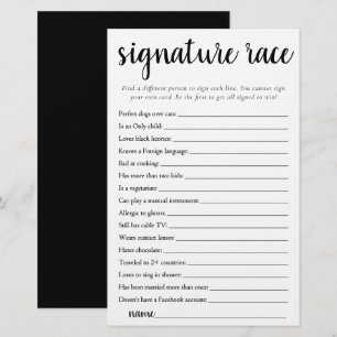 Simple Signature Race   Black and White Game Card