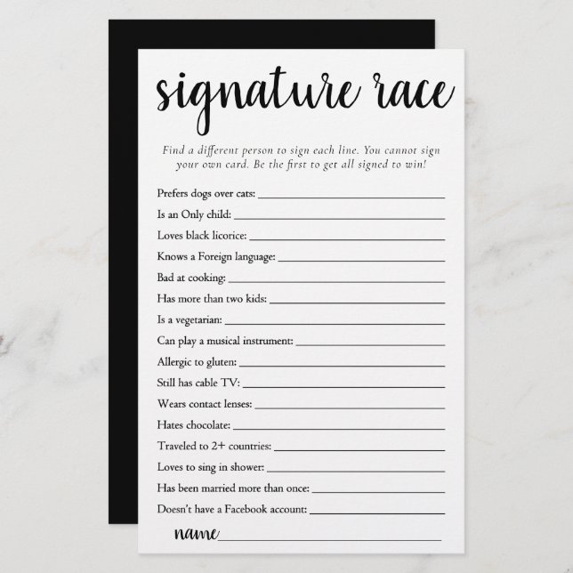 Simple Signature Race | Black and White Game Card (Front/Back)