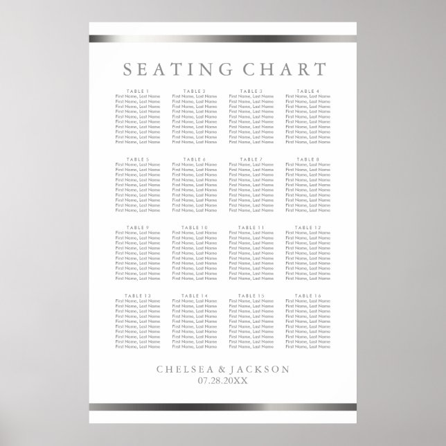 Simple Silver and White  - 16 Table Seating Chart (Front)