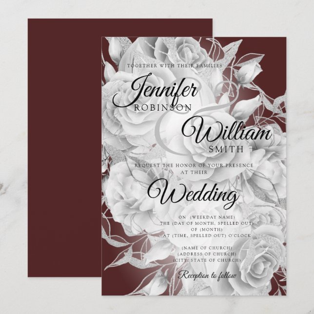 Simple Silver & Burgundy Elegant Floral Wedding  Invitation (Front/Back)