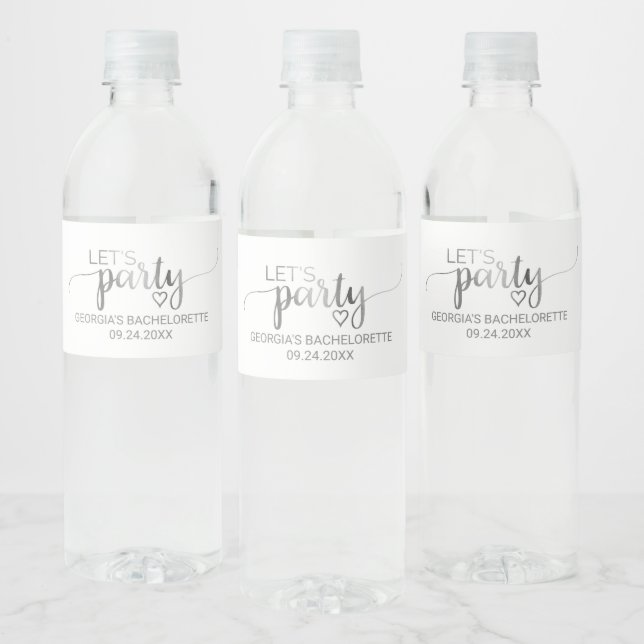 Simple Silver Calligraphy Let's Party Bachelorette Water Bottle Label (Bottles)