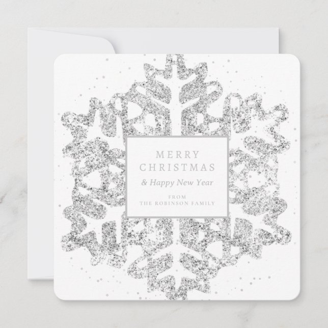 Simple Silver Christmas Glitter Snowflake Family  Holiday Card (Front)