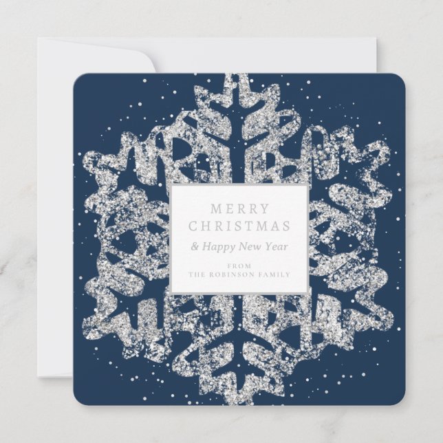 Simple Silver Christmas Glitter Snowflake Navy  Holiday Card (Front)