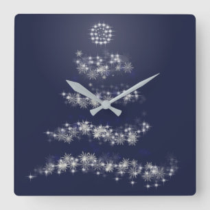 Simple Silver Christmas Tree on Blue Square Wall Clock