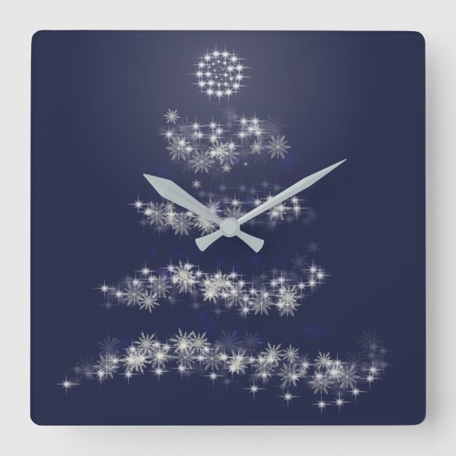 Simple Silver Christmas Tree on Blue Square Wall Clock (Front)
