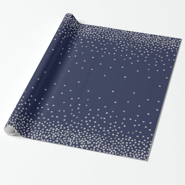 Simple Silver Confetti Over Navy Holiday Style Wrapping Paper (Unrolled)
