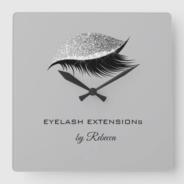 Simple Silver Eyelash Glitter Sparkle Beauty Salon Square Wall Clock (Front)