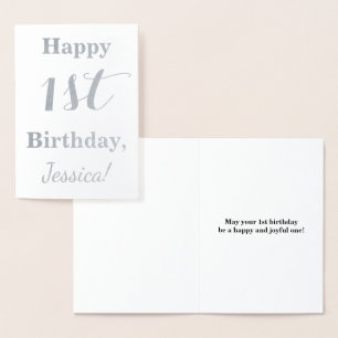Simple Silver Foil 1st Birthday + Custom Name Foil Card