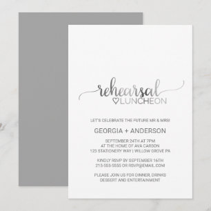 Simple Silver Foil Calligraphy Rehearsal Luncheon Invitation