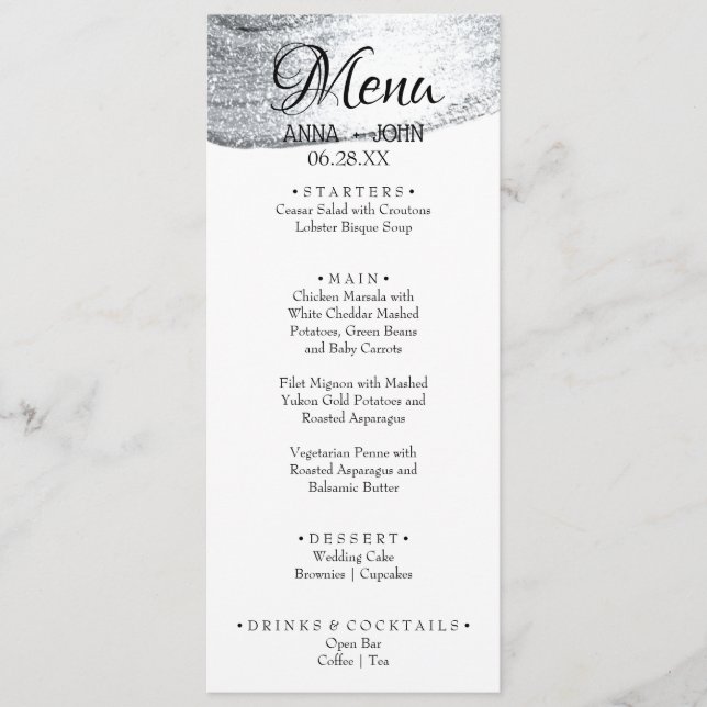 Simple Silver Glitter Add Name Date Wedding Menu (Front)