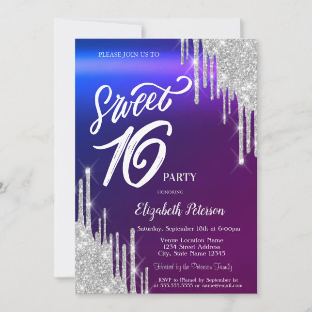 Simple Silver Glitter Drips Ombre Sweet 16  Invitation (Front)