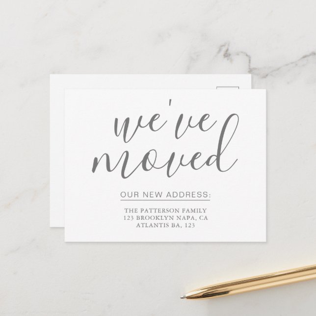 Simple Silver Grey Calligraphy We've Moved House Announcement Postcard (Front/Back In Situ)