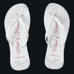 Simple Silver Lace & Red Maid of Honour Wedding Flip Flops<br><div class="desc">These beautiful wedding flip flops are a great way to thank and recognize your Maid of Honour while saving her feet at the same time. Features an elegant design with silver grey lace on a white background and fancy crimson red script lettering. The test reads Maid of Honour with her...</div>