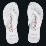 Simple Silver Lace & Red Script Bridesmaid Wedding Flip Flops<br><div class="desc">These elegant wedding flip flops are a great way to thank and recognize your bridesmaids, while giving their feet a rest after a long day. The beautiful design features an elegant design with silver grey lace frills on a white background and fancy crimson red script lettering. The test reads Bridesmaid...</div>