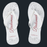 Simple Silver Lace & Red Script Bridesmaid Wedding Flip Flops<br><div class="desc">These elegant wedding flip flops are a great way to thank and recognize your bridesmaids, while giving their feet a rest after a long day. The beautiful design features an elegant design with silver grey lace frills on a white background and fancy crimson red script lettering. The test reads Bridesmaid...</div>