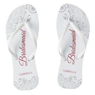 Simple Silver Lace & Red Script Bridesmaid Wedding Flip Flops