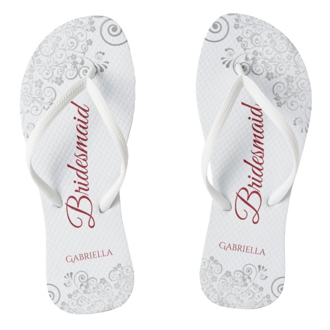 Simple Silver Lace & Red Script Bridesmaid Wedding Flip Flops (Footbed)