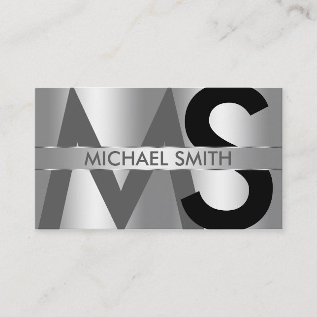Simple Silver on Silver Monogram and Name Plate Business Card (Front)