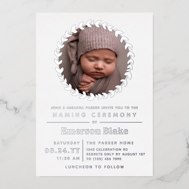 Simple Silver Wreath Baby Photo Naming Ceremony (Front)