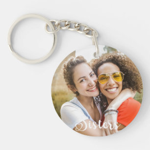 Simple Sisters One Photo Elegant Script Heart Keychain