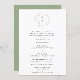 Simple Sketch Wreath Monogram Sage Green Wedding  Invitation