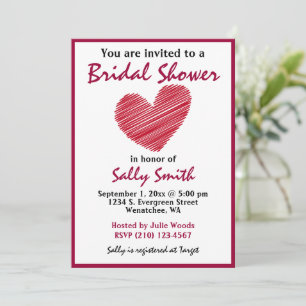 Simple Sketchy Red Heart Bridal Shower Invitation
