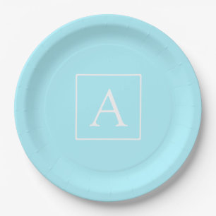 Simple Sky Blue Monogram Paper Plate