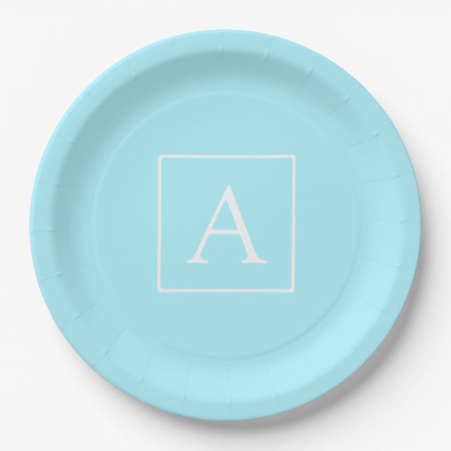 Simple Sky Blue Monogram Paper Plate (Front)