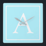 Simple Sky Blue Monogram Square Wall Clock<br><div class="desc">Thank you for your purchase!</div>