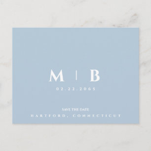 Simple Sky Blue Monogram Wedding Save the Date  Postcard