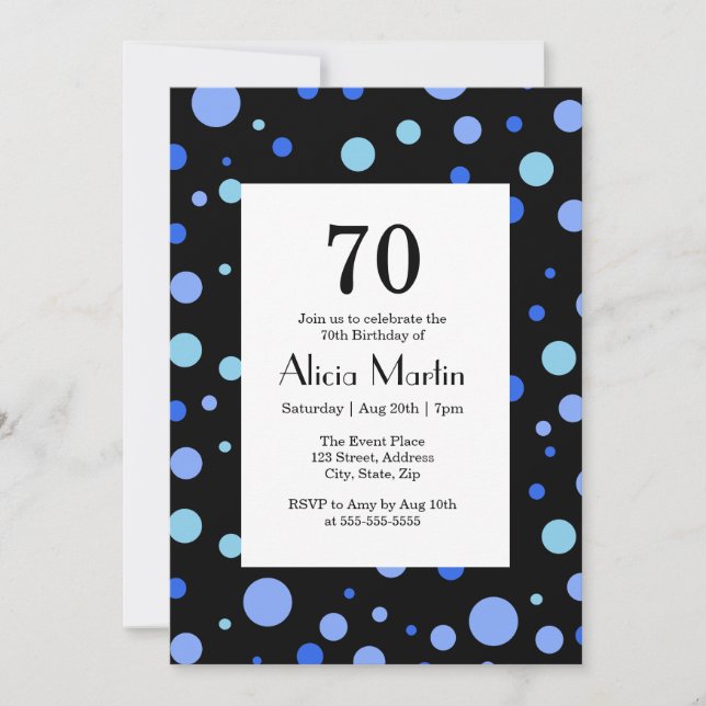Simple Sky Blue Polka Dot Black 70th Birthday Invitation (Front)