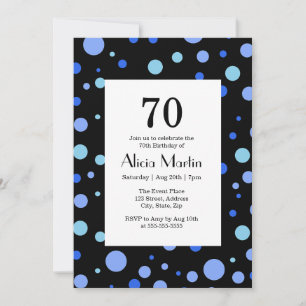 Simple Sky Blue Polka Dot Black 70th Birthday Invitation
