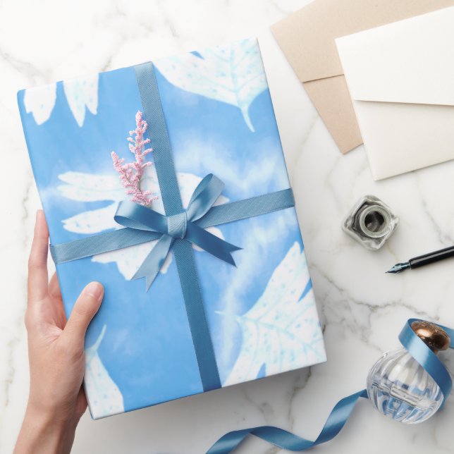 SIMPLE SKY BLUE WITH WHITE LEAVES WATERCOLOR WRAPPING PAPER (Gifting)
