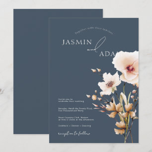 Simple Slate Blue Blush Wildflower Wedding Invitation